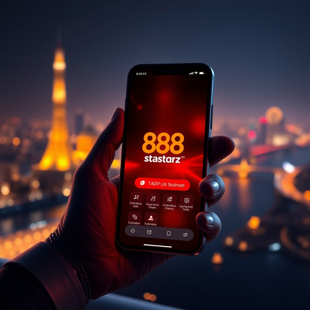 A hand holding a high-end futuristic smartphone displaying the official 888starz Egypt app with a sleek red and black interface, background is the Cairo skyline with the Cairo Tower and Nile River at night, vibrant golden and red bokeh lights, 3D golden c — تطبيق محمول apk لـ android و iOS مع aviator و lucky tiger و البث المباشر للمباريات